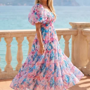 Square Neck Puff Sleeve Midi Dress