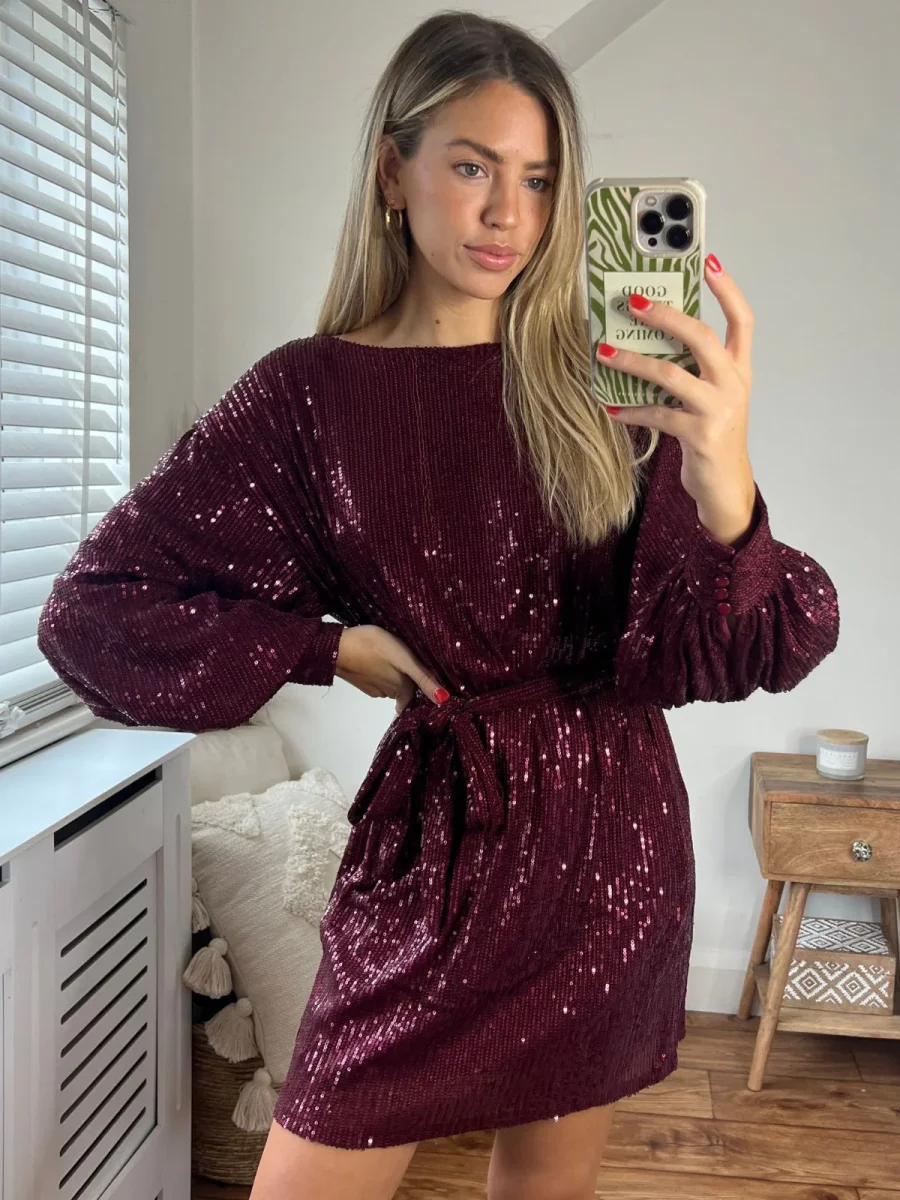 Skylar Balloon Sleeve Mini Dress / Mulberry Sequin - Image 7