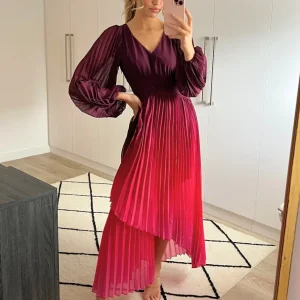 Toni Long Sleeved Pleated Maxi Dress / Mulberry & Pink Ombre