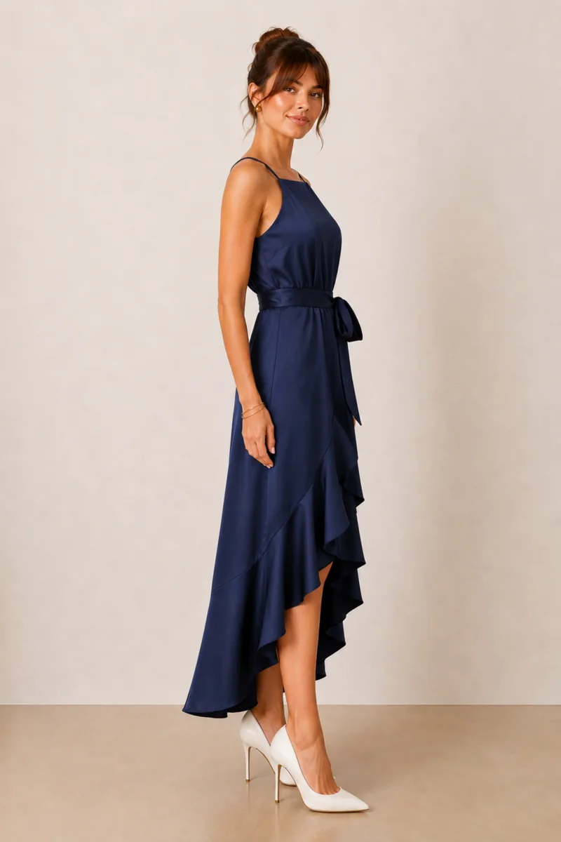 Halter Frill Satin Midi Dress / Navy - Image 5