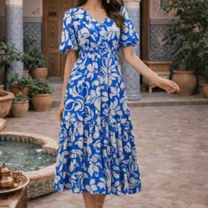 Blue and White Puff Sleeve Midi Dress