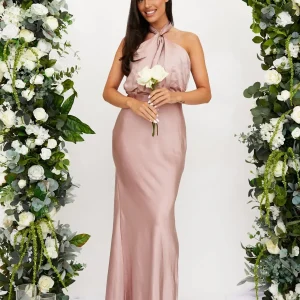 Twist Neck Satin Maxi Dress / Blush